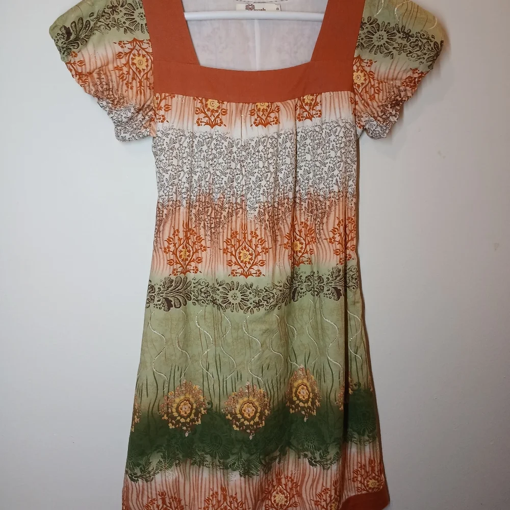 Aryeh Multicolor Boho Print Dress | Square Neck, Puff Sleeve | Size S - Picture 13 of 15